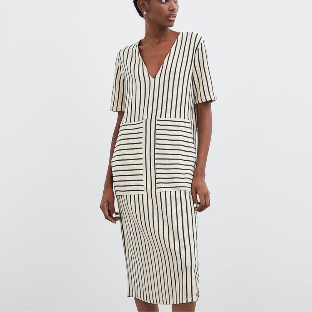 Zara Striped V-Neck Midi Dress in Cream and Black with pockets size medium - Picture 1 of 8